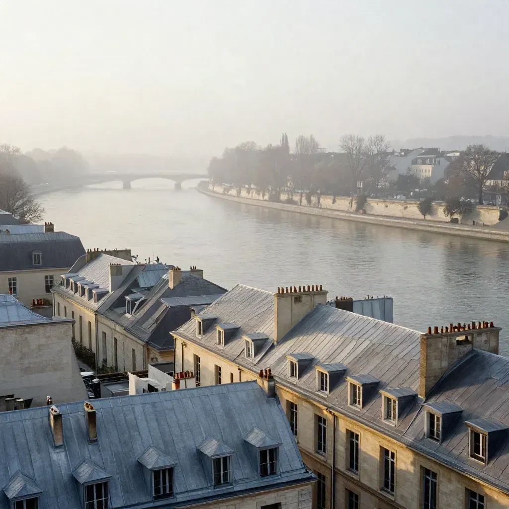 Île de la Cité au lever du jour, Seine brumeuse et toits de zinc, vue large.