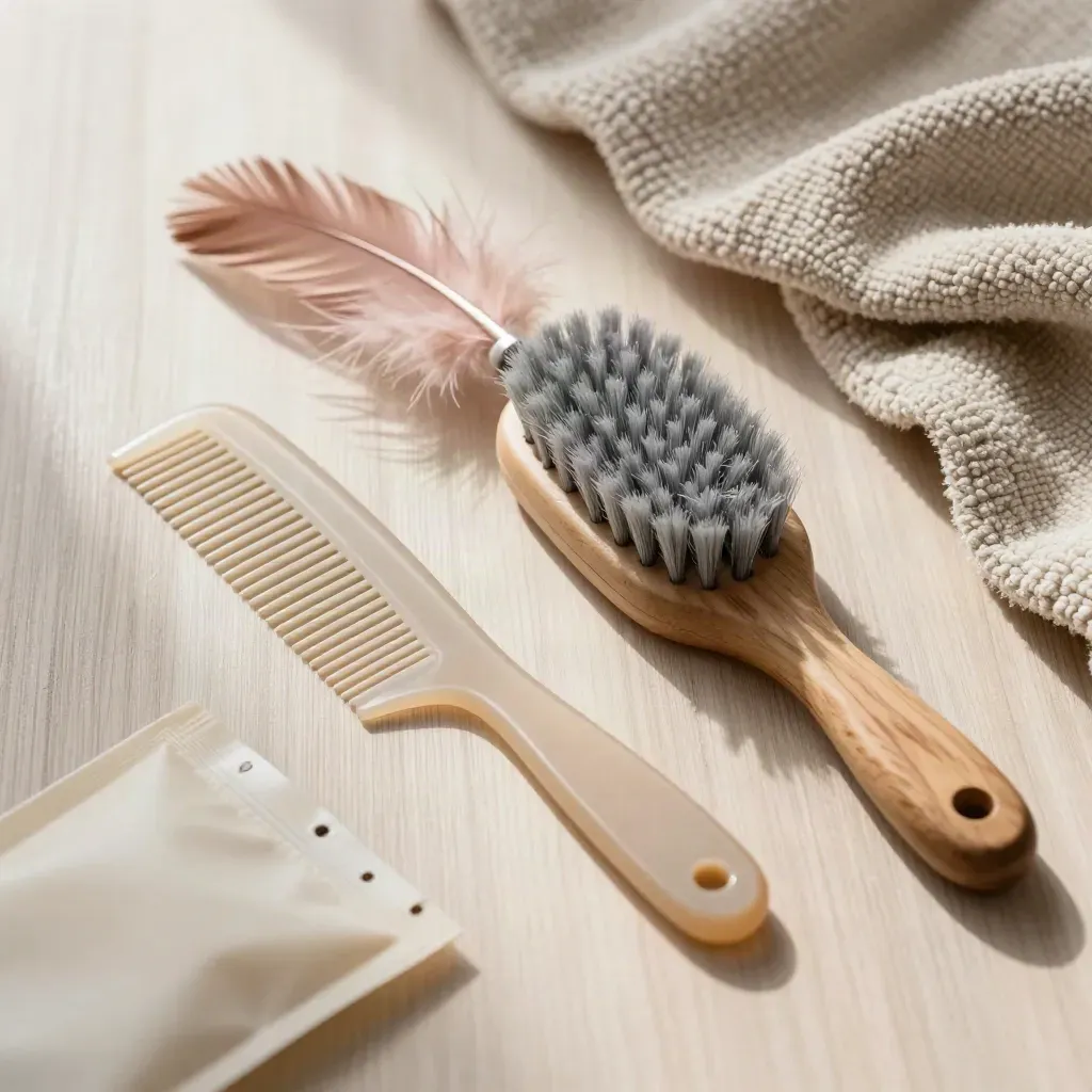 Flatlay de peigne, brosse, jouet plume, friandise scellée et couverture gaufrée sur bois clair.