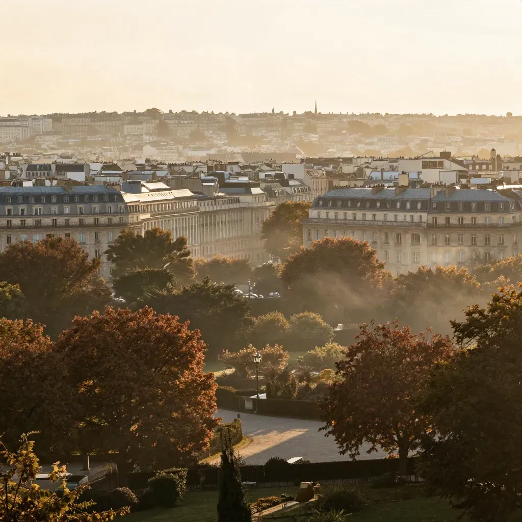 Vue de l’ouest parisien au soleil doré, toits haussmanniens et lisière boisée sous une brume douce