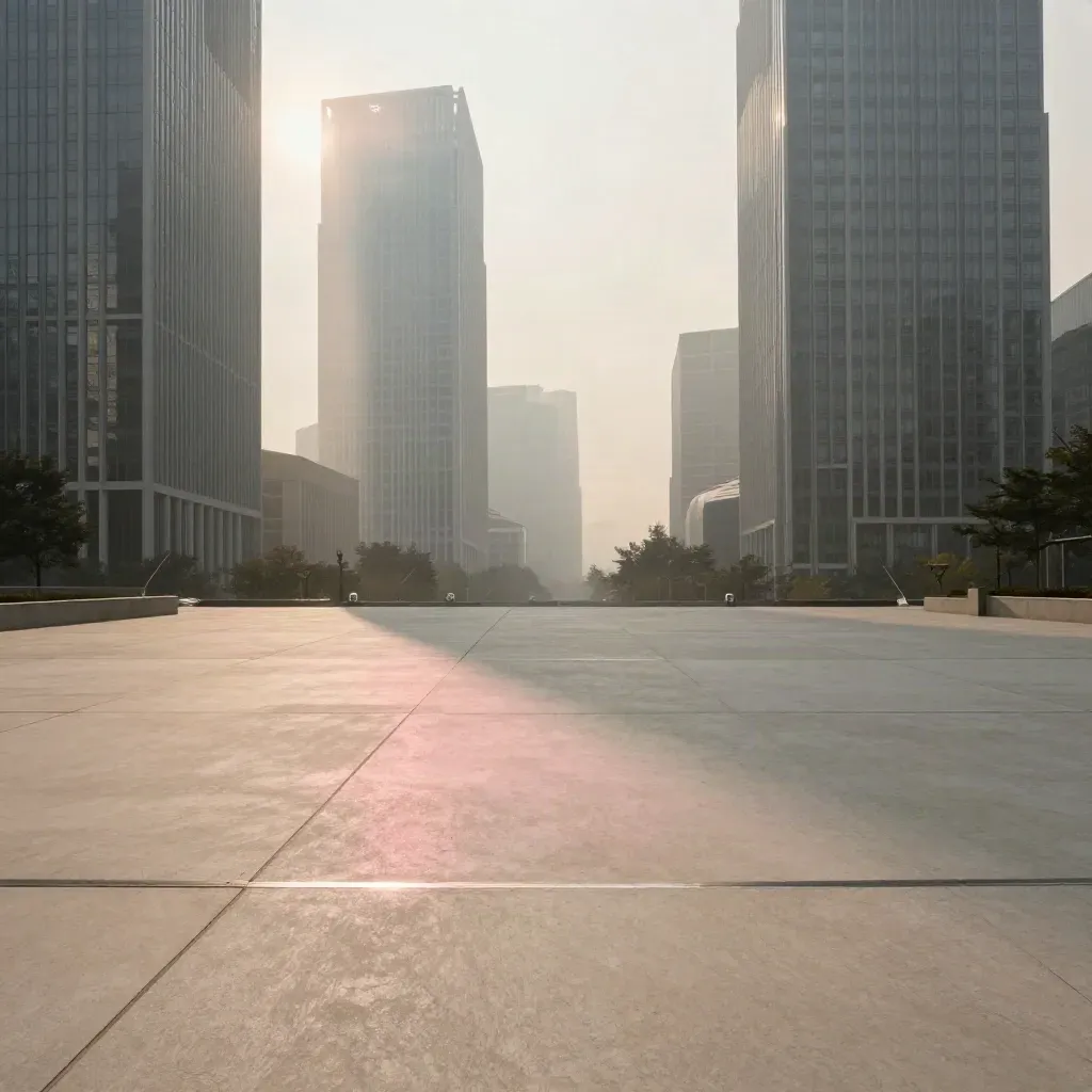 Esplanade de La Défense brumeuse, tours hautes au-dessus d’une vaste dalle minérale calme.