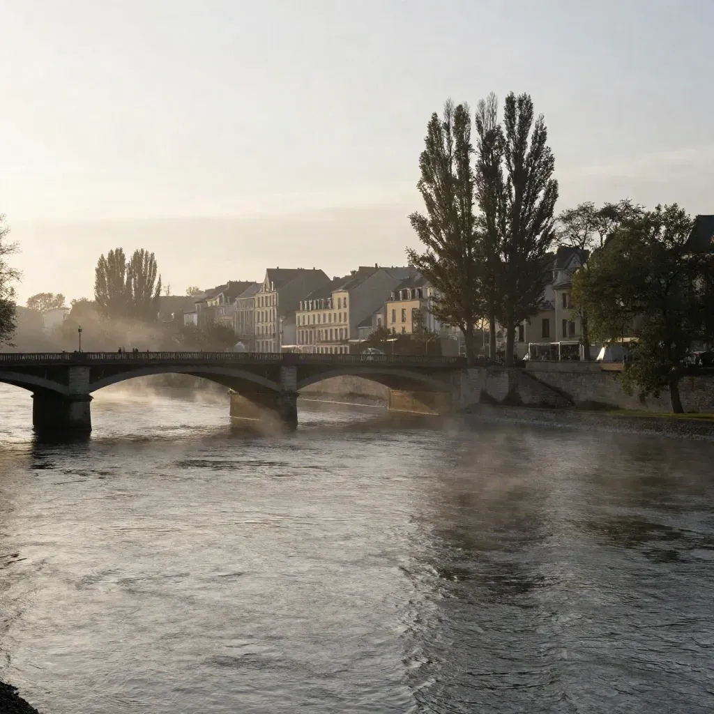 Berge de la Marne au soir, pont bas, arbres en contre-jour et brume sur l’eau.
