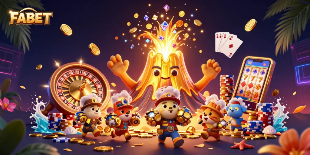 Win exciting prizes at FABET with a dynamic scene of gaming action featuring vibrant characters and casino elements.