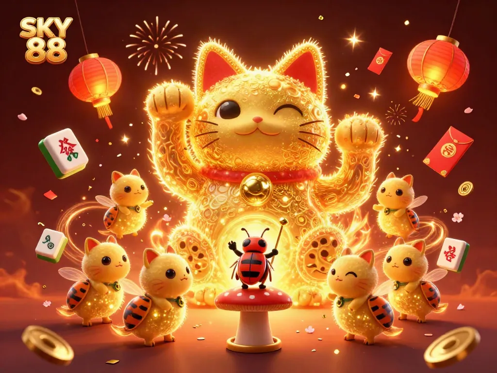 Engage with SKY 88's dynamic casino magic showcasing a lucky cat made of fireflies swirling around vibrant casino elements.