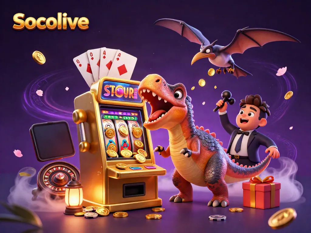 Socolive features a pachycephalosaurus celebrating a jackpot at a colorful casino slot machine