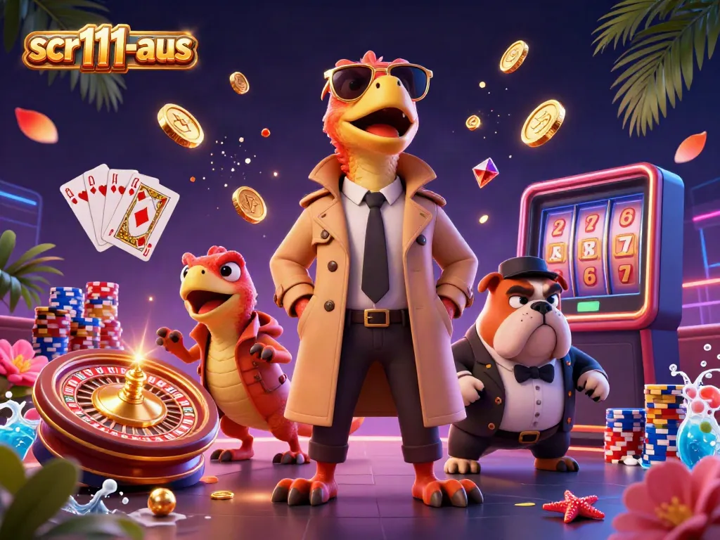 Experience the excitement of scr111-aus with raptors in disguise attempting casino entry amidst games and riches.
