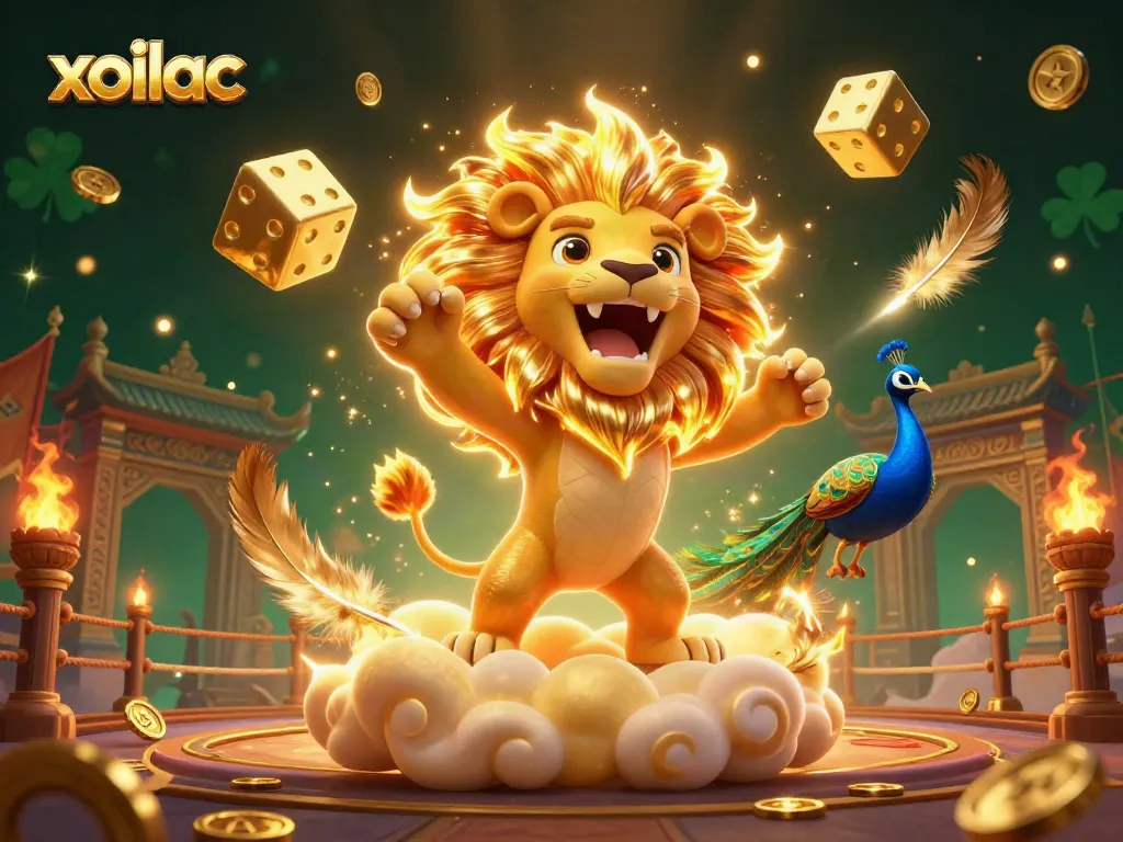 Experience the excitement of xoilac with a vibrant scene featuring a cartoon sun lion, golden dice, and dynamic casino elements.