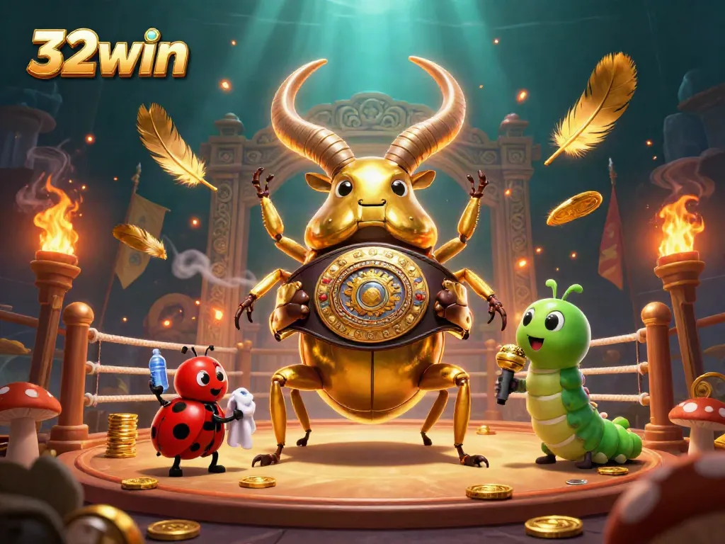 Engage with 32win as the vibrant golden stag beetle battles for glory in a charismatic 3D casino scene.