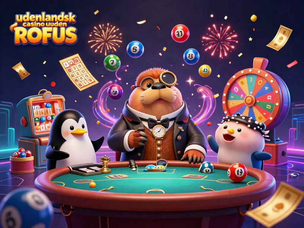 Engaging 3D scene depicting udenlandsk casino uden ROFUS with a jolly walrus and a penguin dealer.