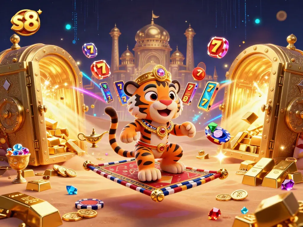 Engage in thrilling slots with s8 featuring a tiger sultan and treasures amidst flashing lights.