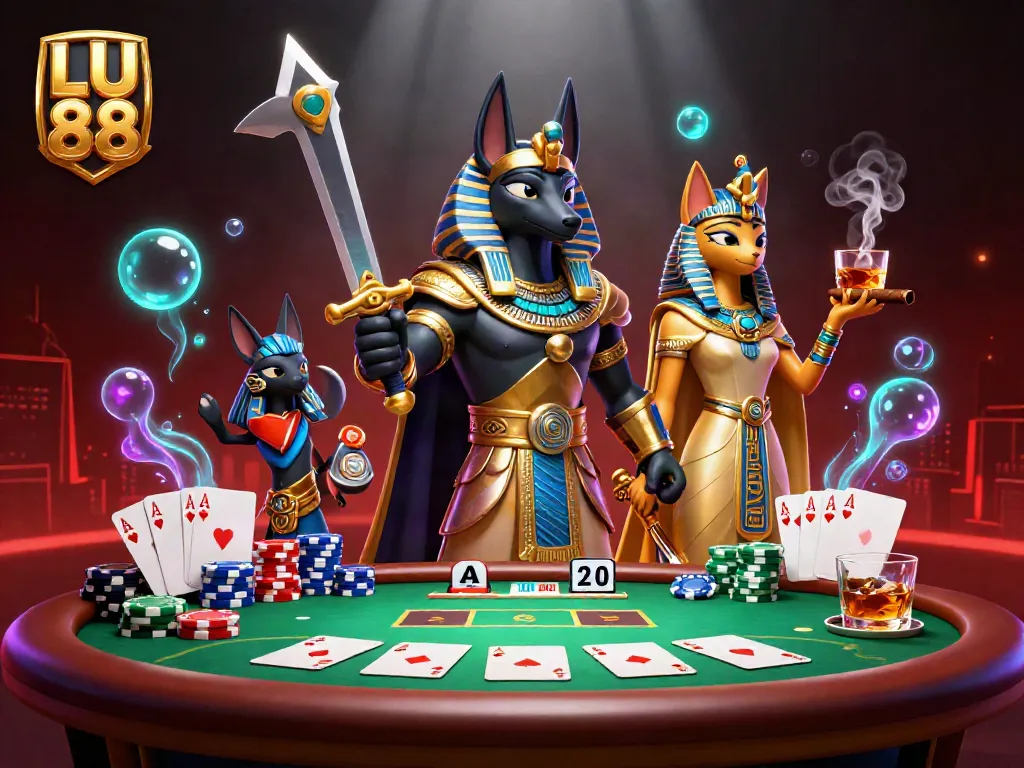 Engage in thrilling poker at LU 88 with Anubis and Bastet in a rich, vibrant casino scene.