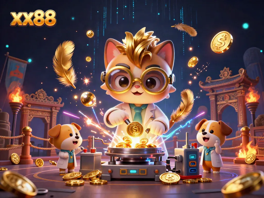 Experience the excitement of xx88 as a mad scientist cat creates golden coins amidst casino elements.
