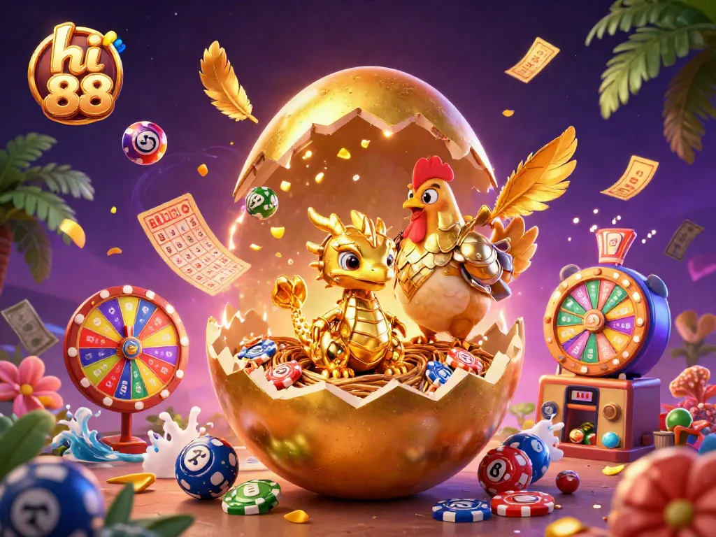 Experience thrilling gameplay at hi 88 with golden dragons, poker chips, and vibrant casino elements.
