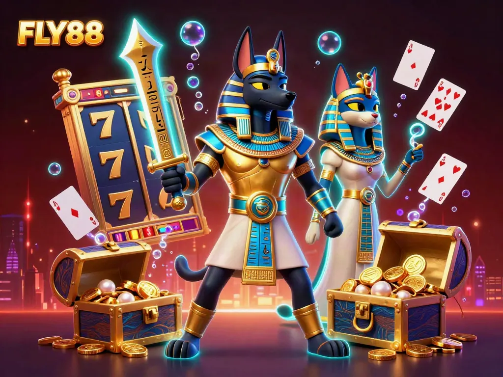 Experience immersive gameplay with FLY88 amidst dynamic scenes of slot reels and golden treasures.