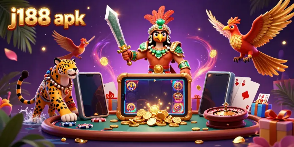 Engage with thrilling j188 apk gaming experiences featuring rich 3D imagery of Aztec warriors and vibrant slot games.