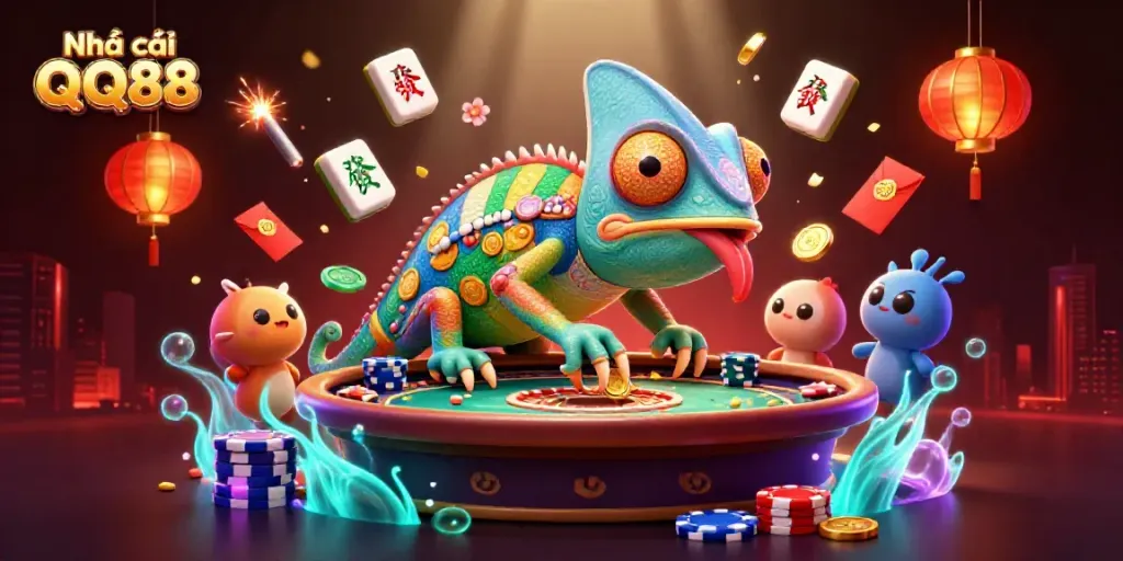Experience the thrill of Nhà cái QQ88 with a vibrant 3D casino scene featuring a colorful chameleon owner.