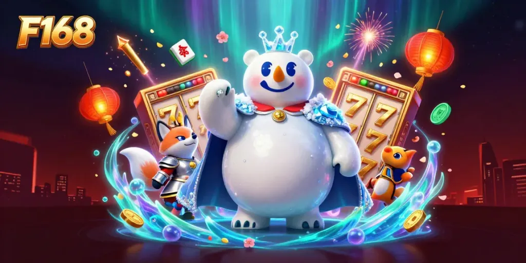 Experience F168's thrilling atmosphere with vibrant casino elements, including slot reels and golden symbols.