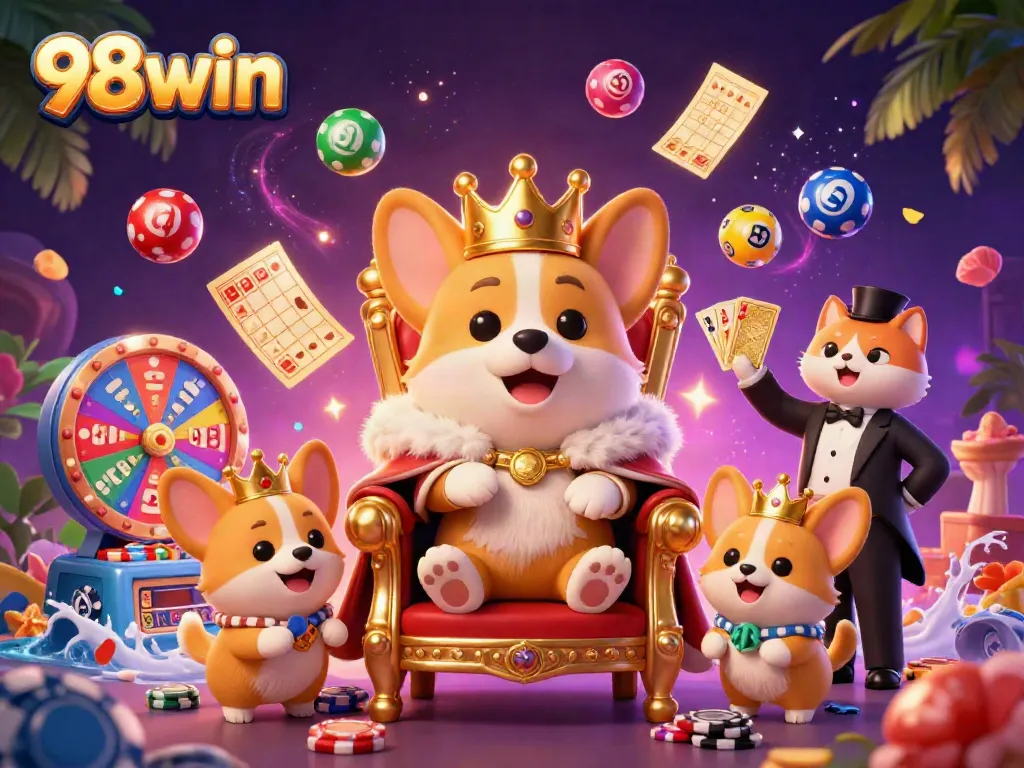 Experience excitement at 98win with a royal corgi throne, dazzling casino elements, and vibrant lottery balls.
