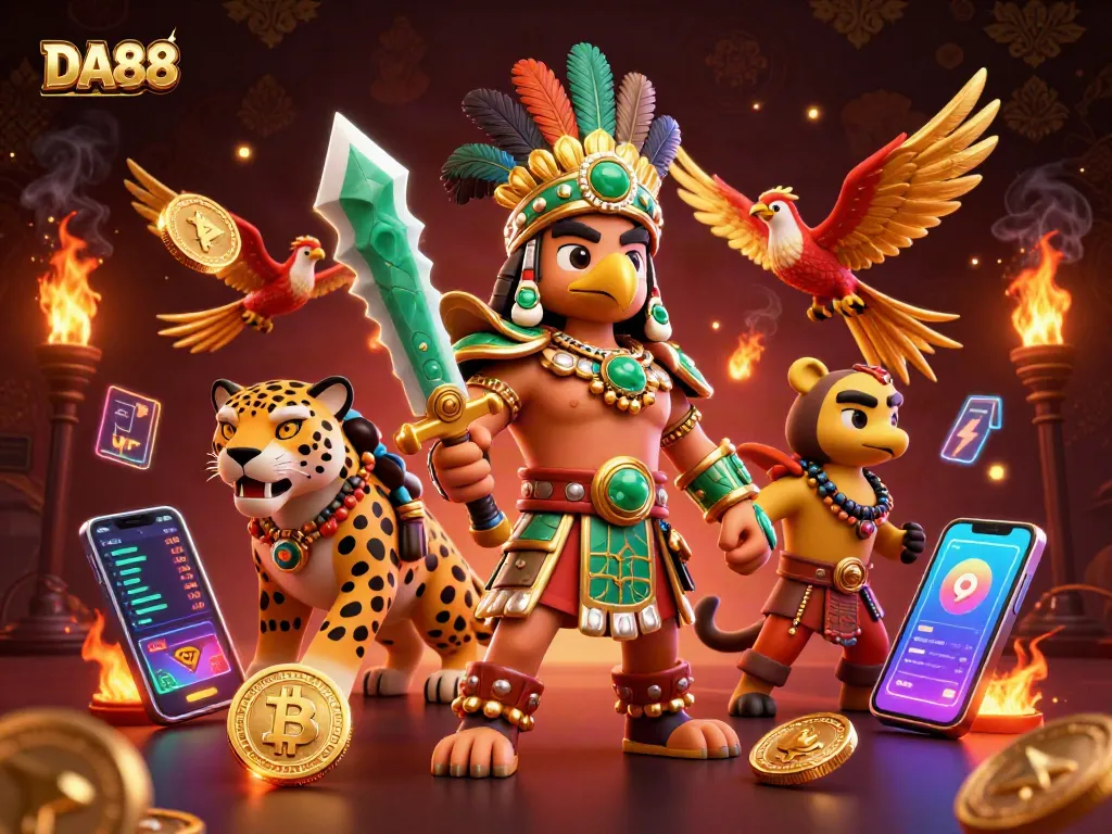 Engage in thrilling gaming action with DA88, featuring Aztec warriors and blockchain elements.