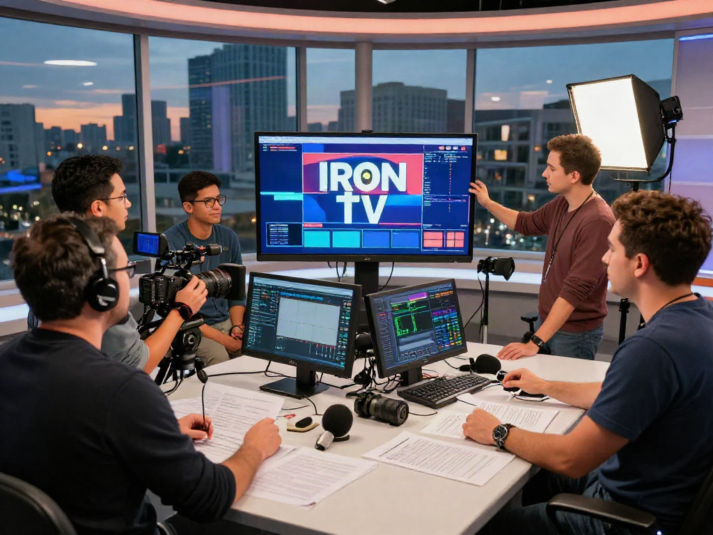 Creative team producing content for Iron tv in modern studio.