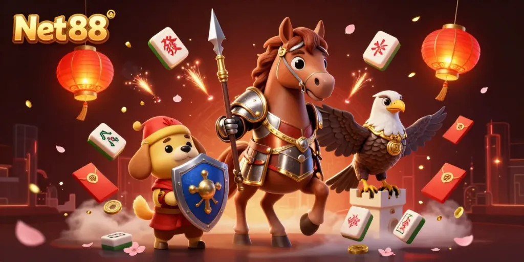 Experience exciting gameplay with Net 88, showcasing a knight, puppy, and falcon amidst festive casino elements.