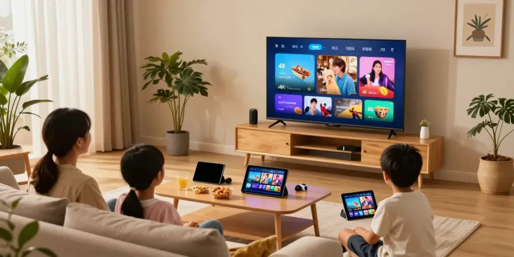 Vision4K abonnement IPTV 4K en famille dans un salon moderne, avec des appareils variés.