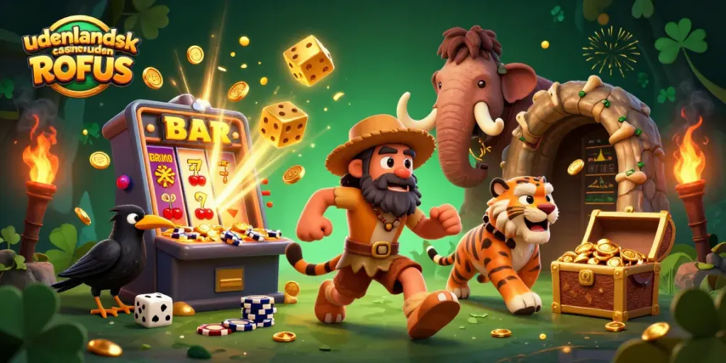 Engage with utanlandsk casino uden ROFUS through an exciting cartoon illustration of a prehistoric casino.
