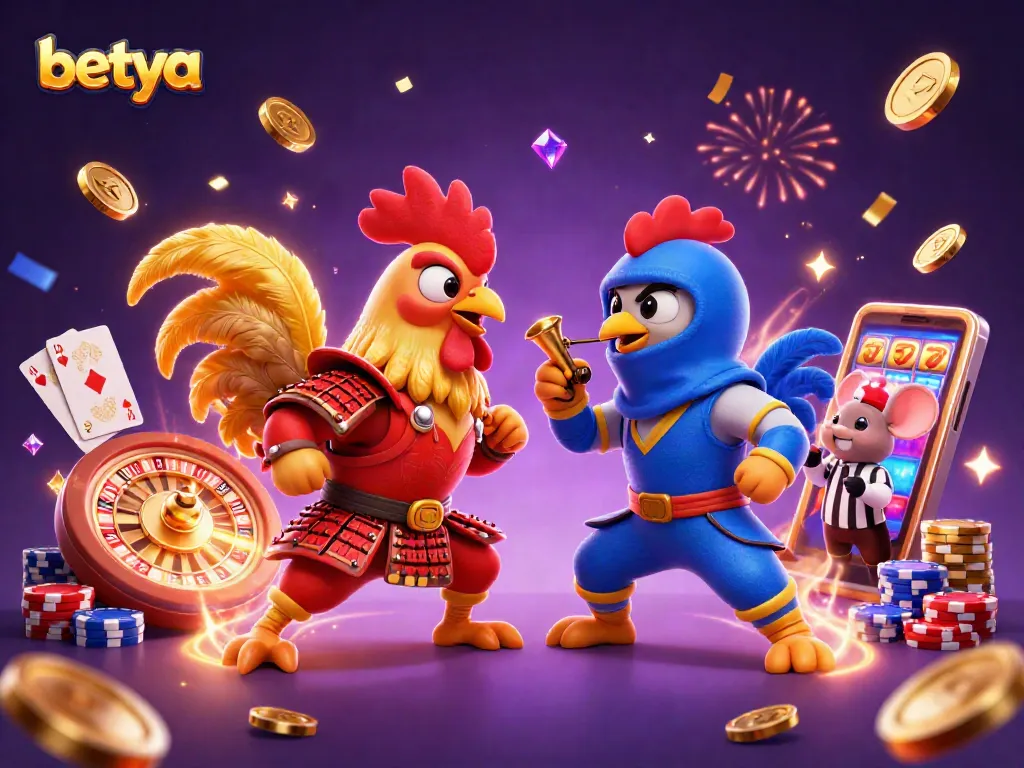 Betya hosts a colorful 3D scene with fighting roosters amidst casino elements and festive decorations.