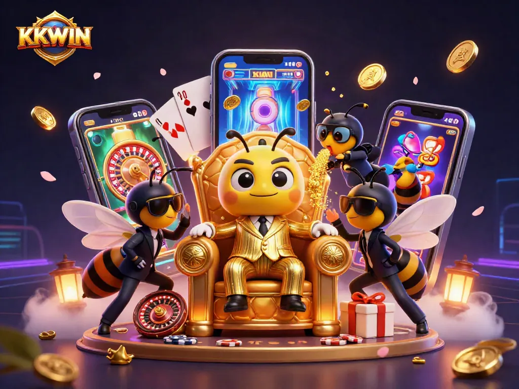 KKWIN casino illustration showcasing a bumblebee mob boss and slot games in a dynamic scene