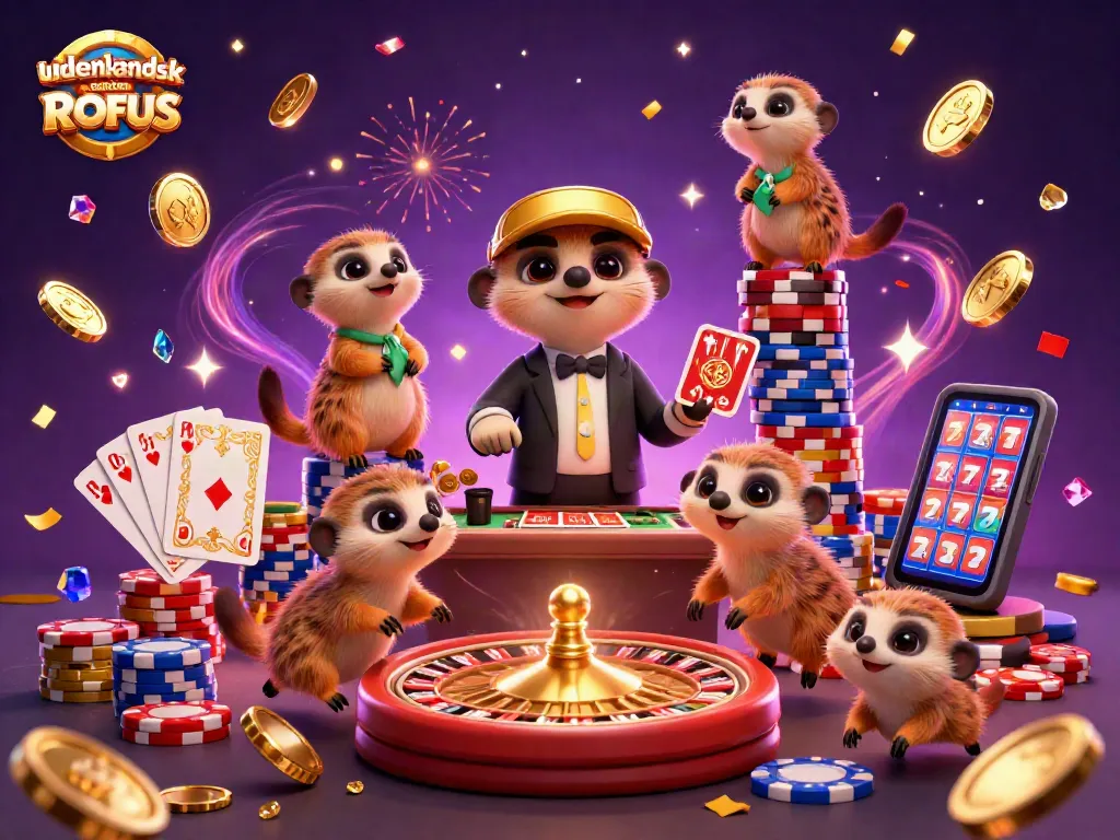 Experience the thrill of udenlandsk casino uden ROFUS with dynamic meerkats in an elaborate casino scene, showcasing games and excitement.