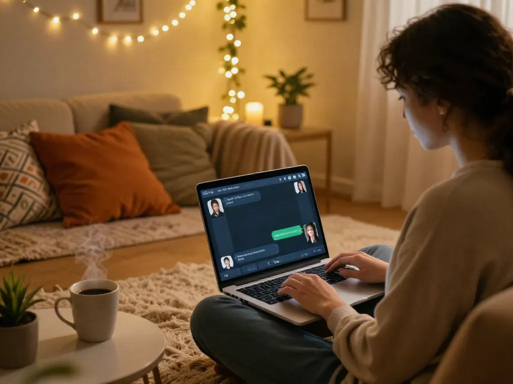 Engaging in nsfw AI chat in a cozy digital environment with warm lighting and personal touches.