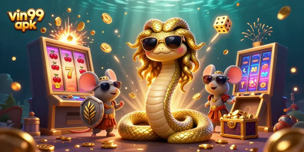 Unlock big wins with vin99 apk, a lively 3D illustration showcasing jackpot gaming excitement.