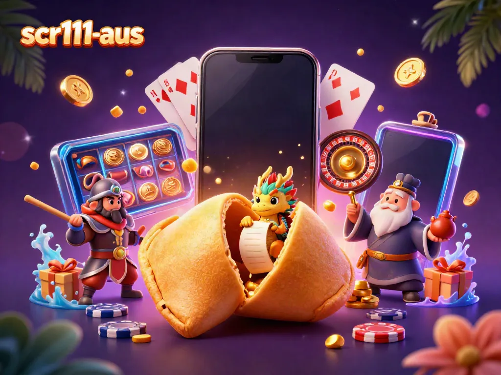 Play thrilling games at scr111-aus featuring a golden fortune cookie and slots.
