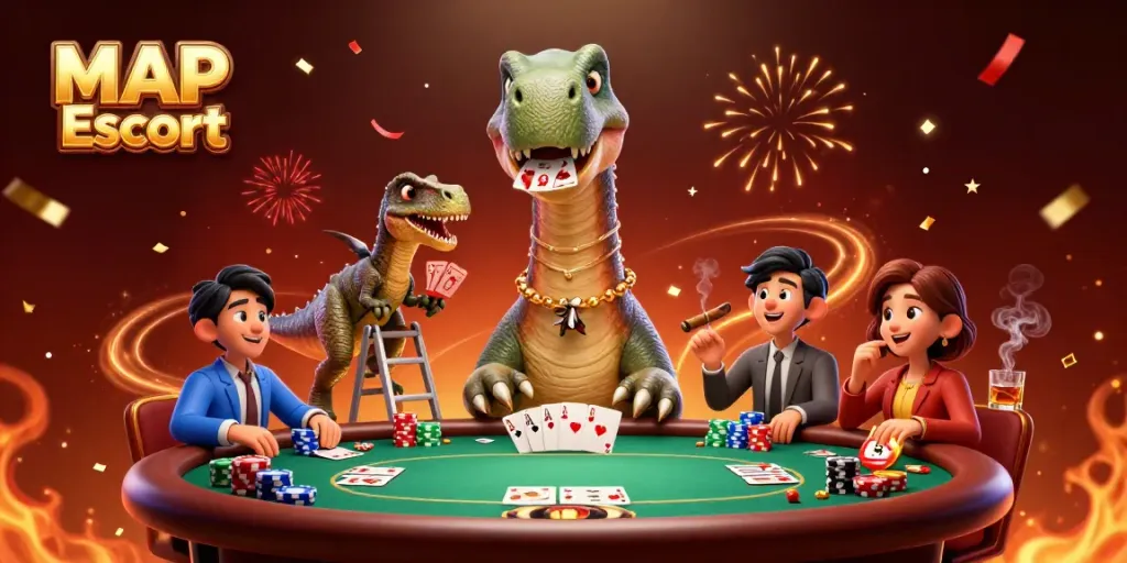 Engaging MAP Escort scene illustrating a casino with a cartoon brontosaurus and clever raptor dealing cards.