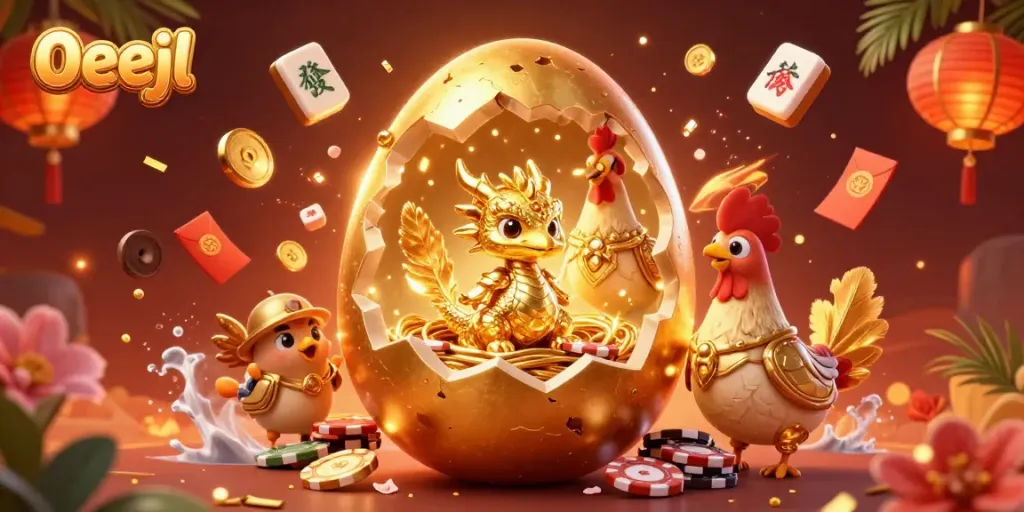 Experience 0eejl's captivating online casino world with a golden baby dragon and poker chips.