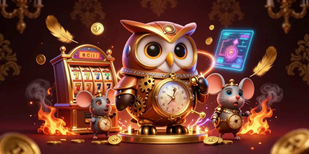 Permainan slot di situs tisu4d dengan karakter burung hantu dan tikus steampunk serta elemen kasino yang futuristik.