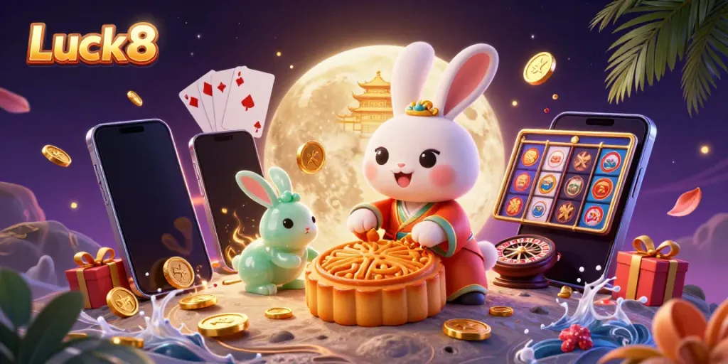 Interact with Luck8's exciting gaming world featuring moon rabbits, poker chips, and casino symbols.