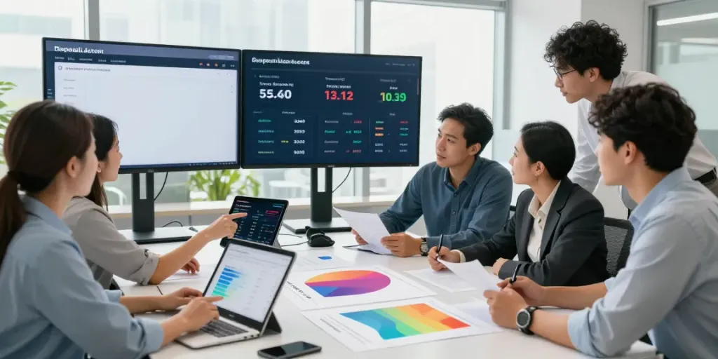 Analyse de meilleurs comptes à terme dans un bureau moderne avec des professionnels en discussion.