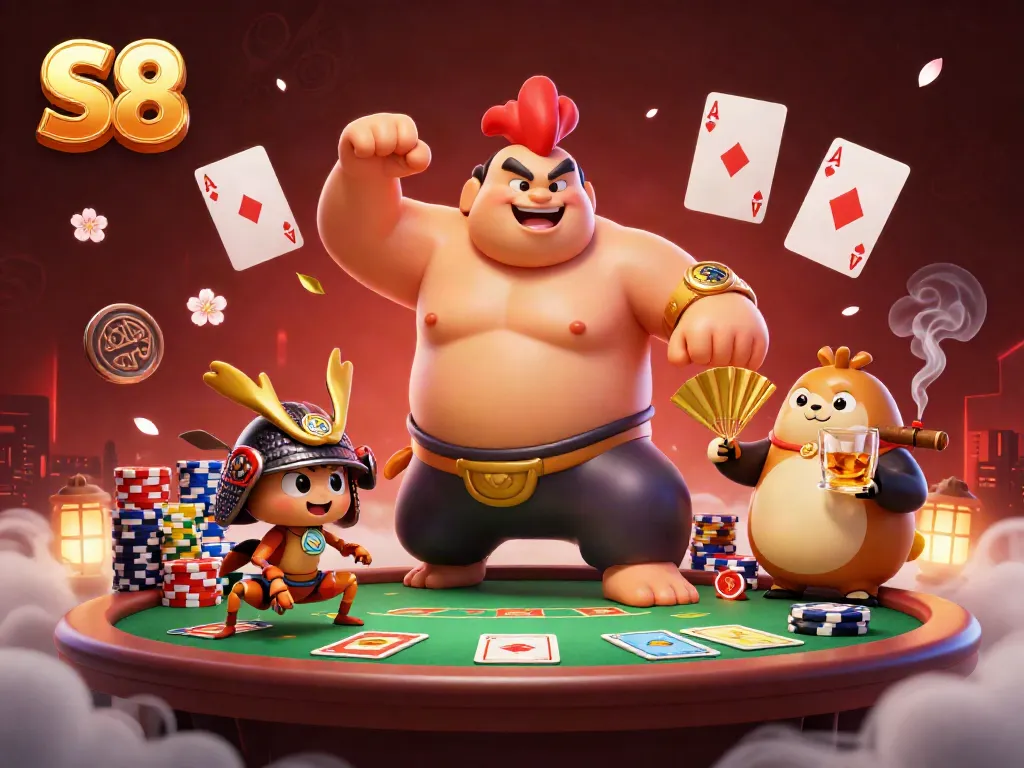 S8's exciting online casino atmosphere with a powerful sumo wrestler, cricket, and tanuki in a poker setting.