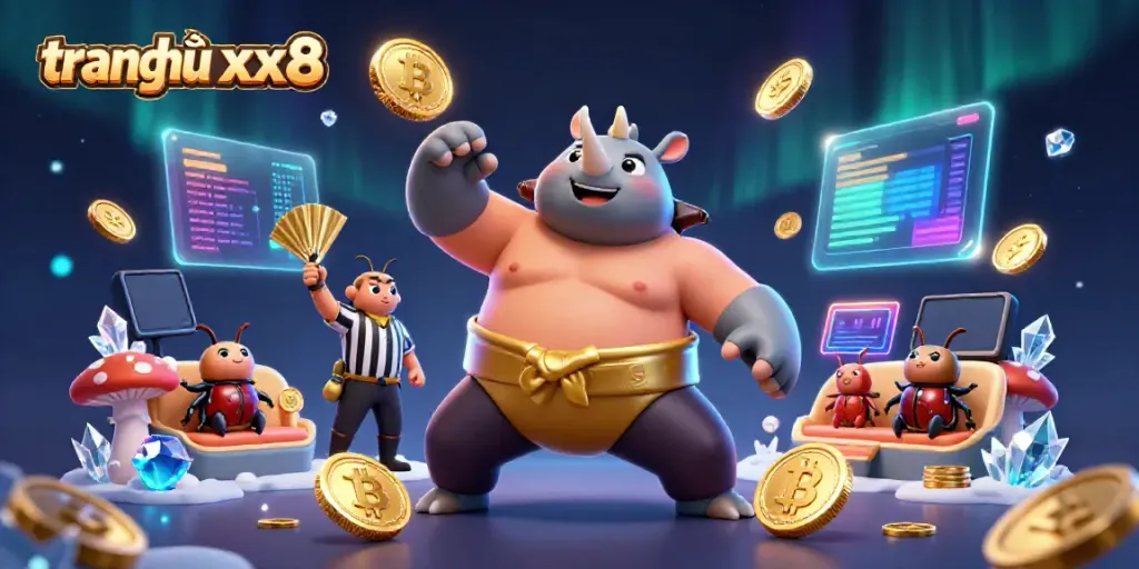 Experience the excitement on trang chủ xx8 as the cartoon rhino beetle stomps, scattering coins in a lively gaming scene.