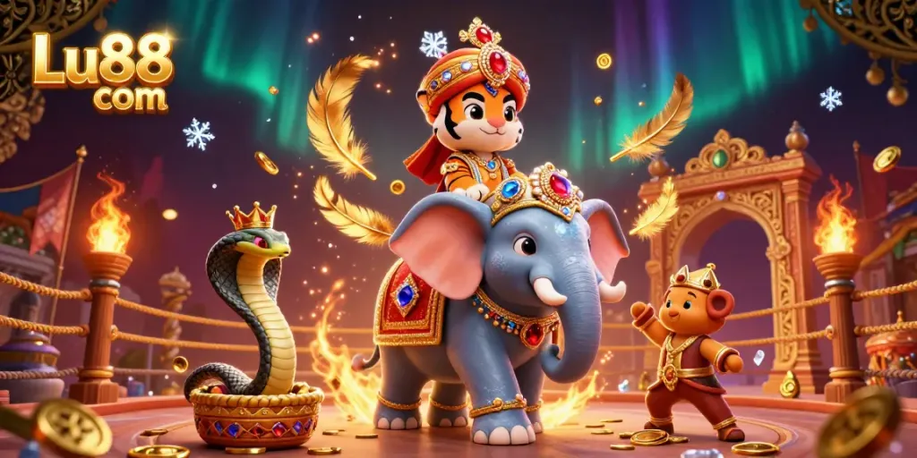 Experience vibrant gaming action at Lu88 com with dynamic characters and rich casino-themed elements.