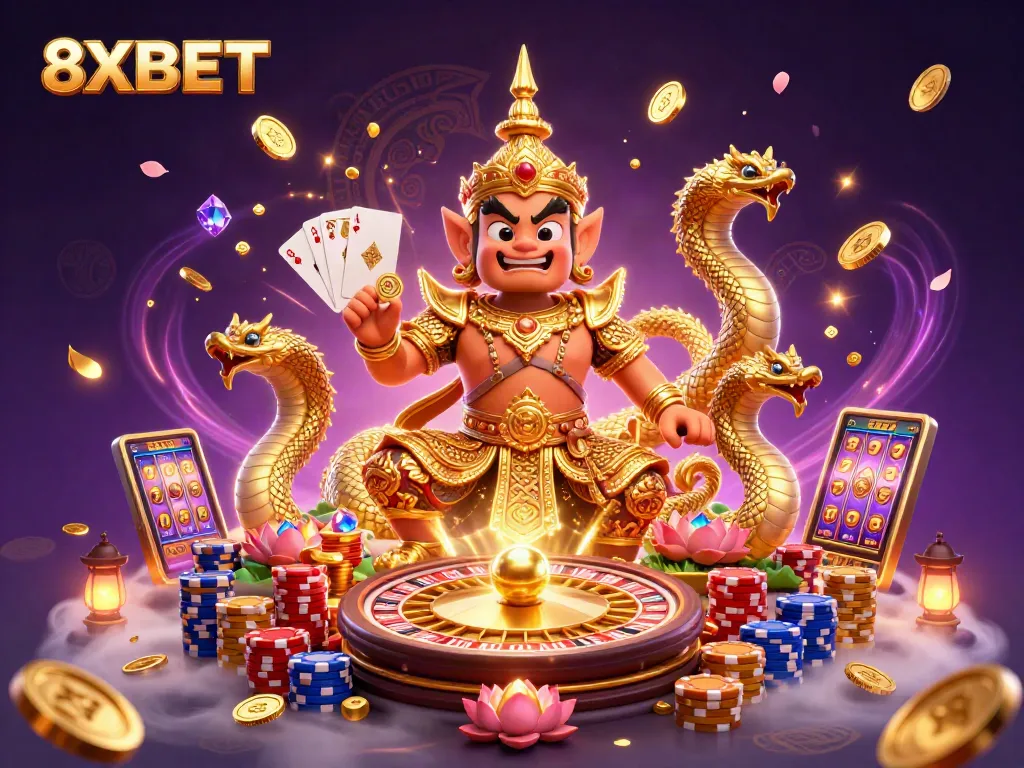 Engage in winning strategies at 8XBET with a vibrant illustration showcasing the Thai guardian and gambling elements.