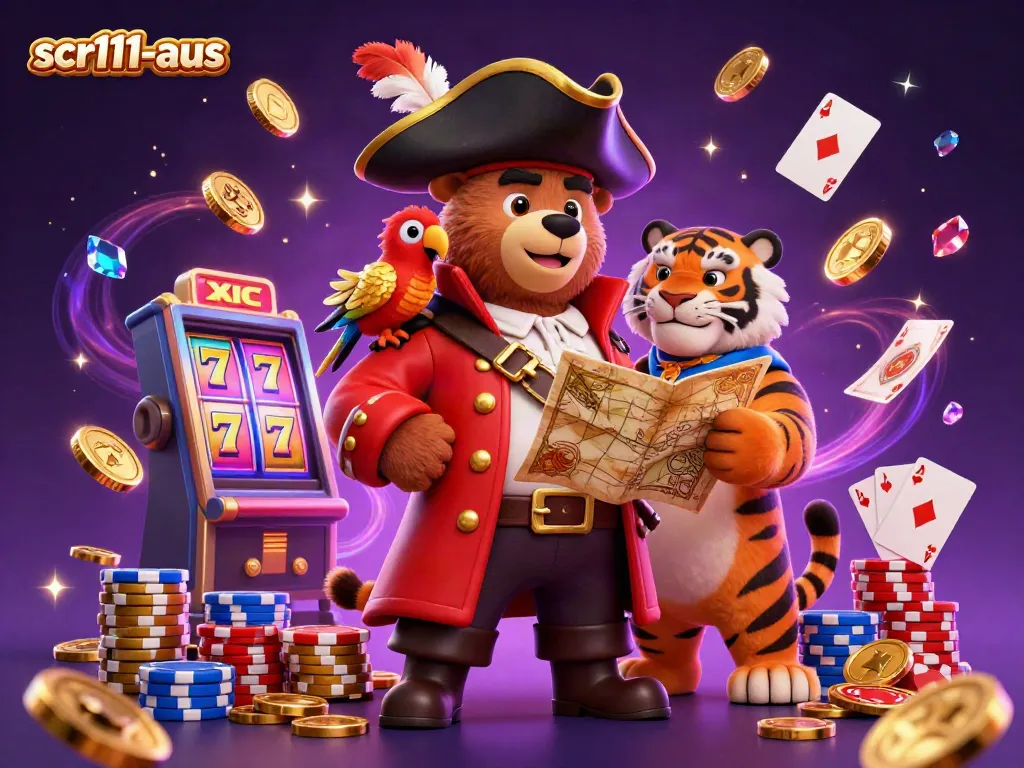 Spin to win with scr111-aus in a vibrant, dynamic casino scene featuring lucky symbols and treasure.