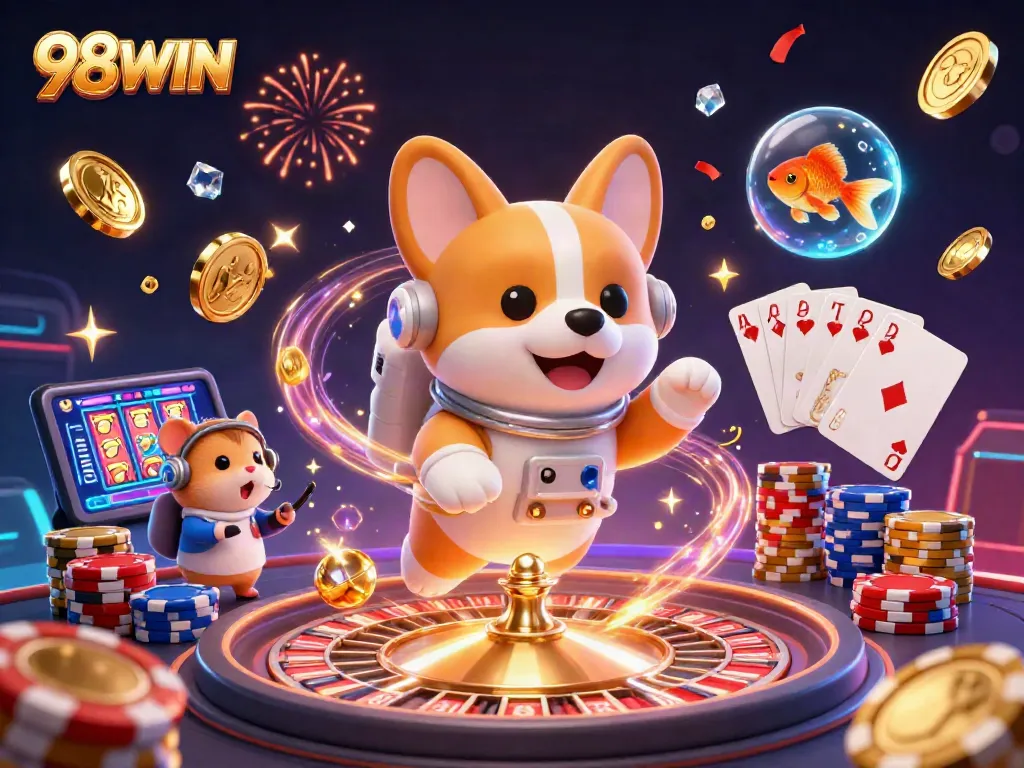 Join the fun with 98WIN as the astronaut corgi plays in a floating casino, surrounded by poker chips and coins.