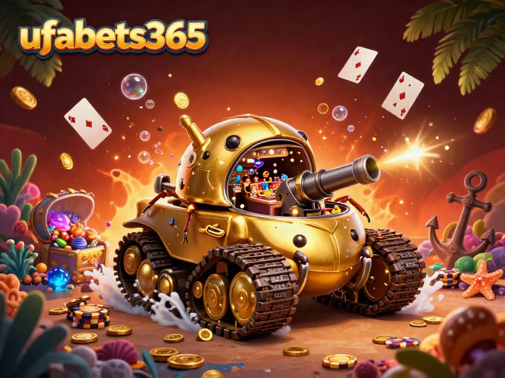 Experience thrilling games at ufabets365 with a dynamic casino scene showcasing a golden beetle tank and glittering treasures.