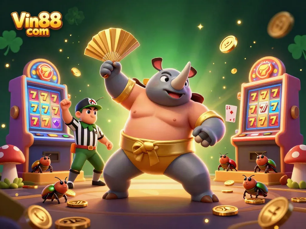 Experience thrilling gameplay with Vin88 com as a sumo beetle champion sends coins flying in this vibrant casino scene.