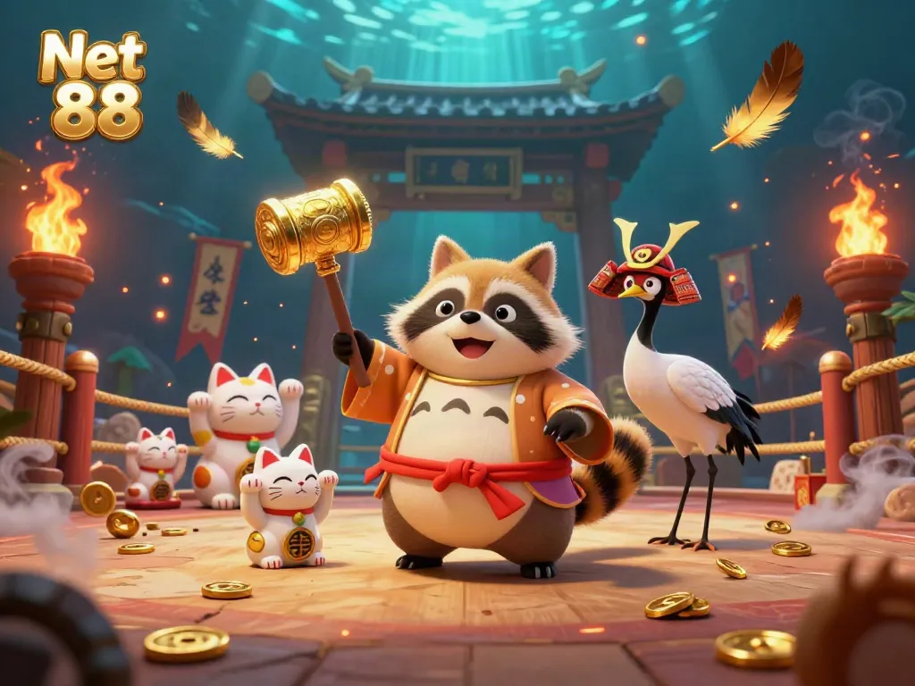 Engage in thrilling gameplay at Net 88 with a festive tanuki mascot, lucky charms, and gaming elements.