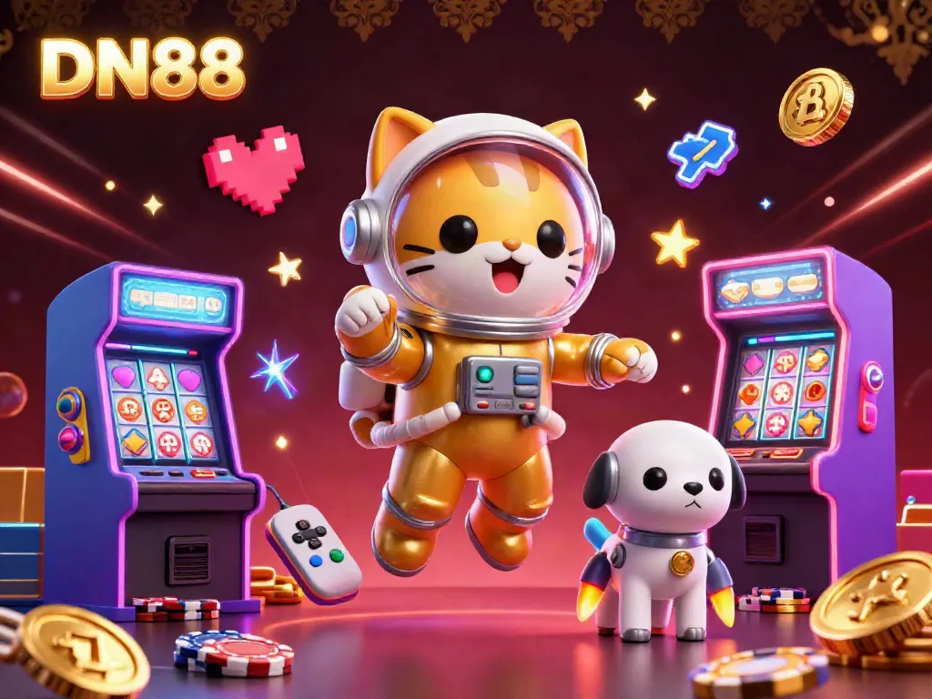 Engage with DN88's vibrant gambling scene featuring casino games, dynamic 3D characters, and gold coins.