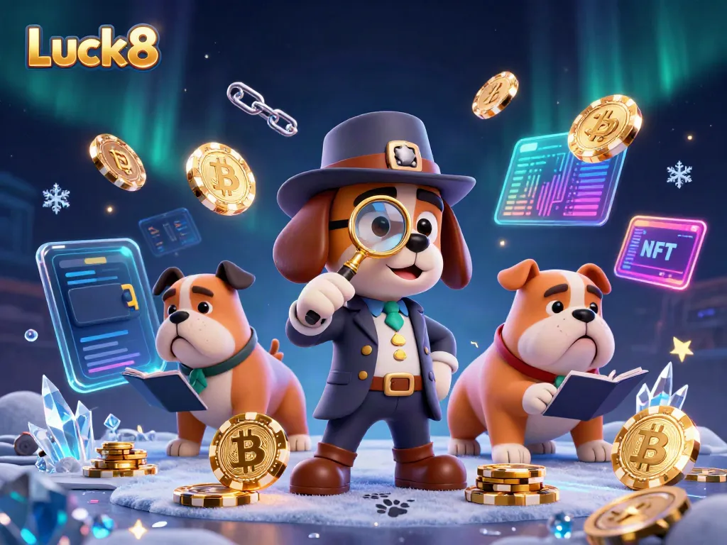 Experience gaming excitement with Luck8, as a detective examines a poker chip clue amidst crypto coins.