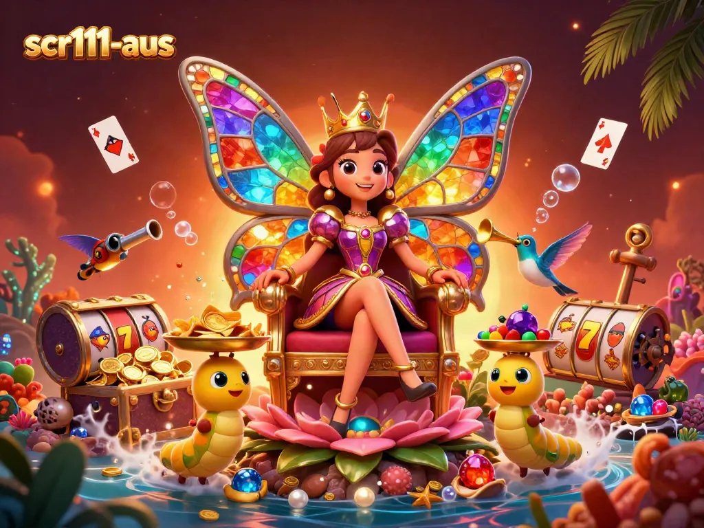 Scr111-aus showcases a vibrant 3D scene with a butterfly queen and casino elements.