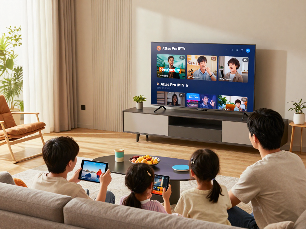 Famille utilisant atlas pro iptv pour une expérience de visionnage optimale dans leur salon